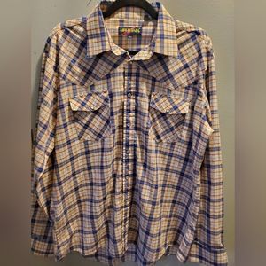 vtg 1980s LIFETRENDS Mens Cowboy Western Pearl Snap Shirt XL Red,Whit,Blue Plaid